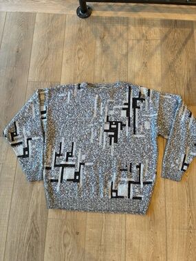 Vintage 80s Le Tigre Men’s Black/White Gray Geometric Pattern Crewneck Sweater L